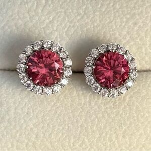Melon Pink Moissanite Sterling Silver Halo Stud Earrings 4ct